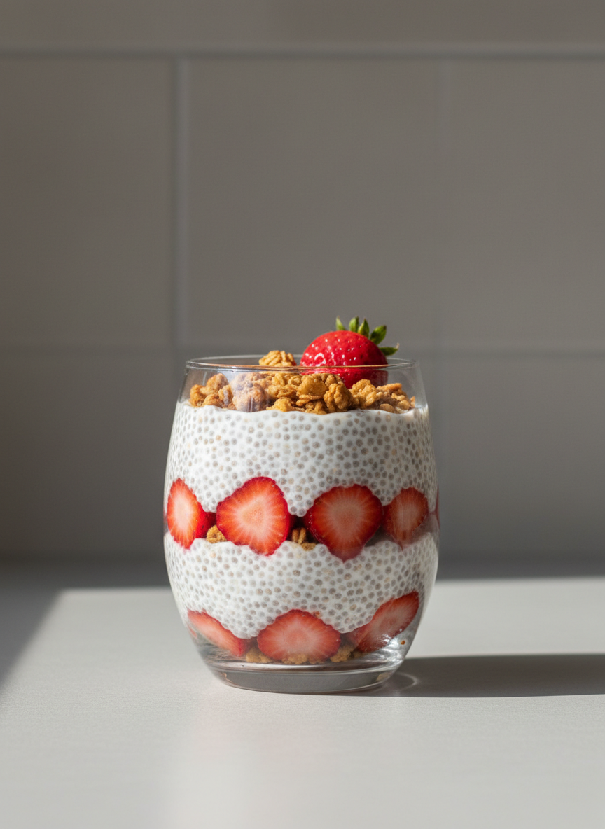 A meticulously prepared chia pudding parfait, featuring layers of creamy chia pudding, juicy red strawberries, and crunchy granola, elegantly served in a clear glass tumbler. This tumbler is neatly positioned on a matte pale grey countertop with a minimalist backdrop of smooth, neutral-toned tiles. Natural soft light from the left creates gentle highlights on the glass and subtle, elongated shadows, accentuating the parfait’s structure. The visual tone is calm, orderly, and polished, with a centered eye-level composition and shallow depth of field to emphasize the parfait’s intricate layers. The photographic realism and uncluttered layout evoke the blog’s professional yet accessible approach to nutrition and practical healthy snack ideas.