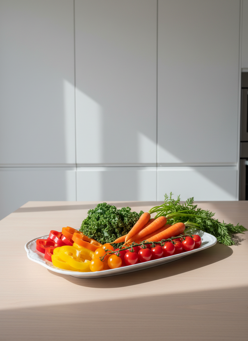 An immaculate arrangement of fresh, colorful vegetables—crisp bell peppers, deep green kale, bright orange carrots, and glossy cherry tomatoes—displayed on a smooth, white porcelain platter. The platter sits atop a pale wooden tabletop in a pristine modern kitchen environment with invisible, well-organized storage in the background. Bright, diffused morning sunlight streams in from an unseen window, illuminating the vegetables and casting soft, natural shadows. The mood is balanced, professional, and inviting. The composition follows the rule of thirds, shot from a slightly elevated angle with sharp focus throughout, capturing every textural detail. The photographic style is clean, structured, and aligns with a corporate, modern aesthetic. The image subtly reinforces the theme of nutritious, fresh foods central to the blog’s focus.